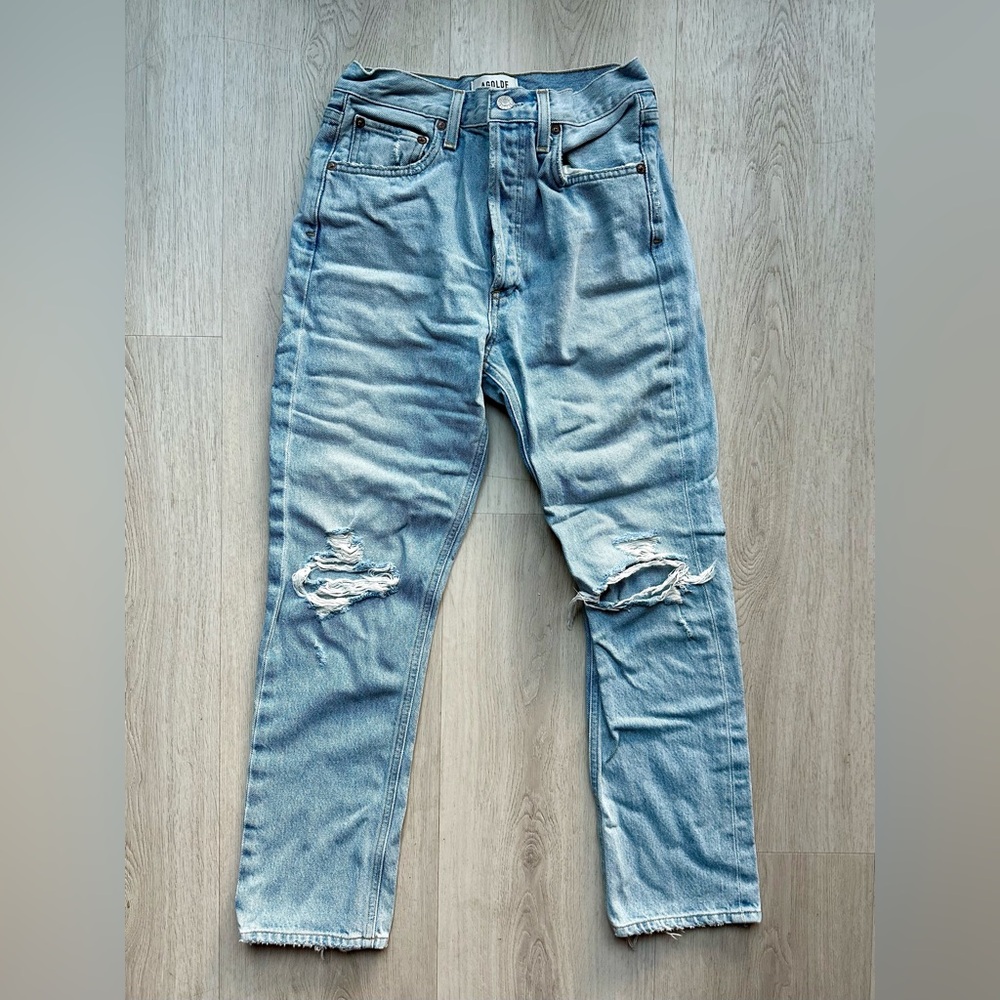 Agolde Women’s Distressed Riley Crop Light Wash Button Fly Jeans. Size 25
